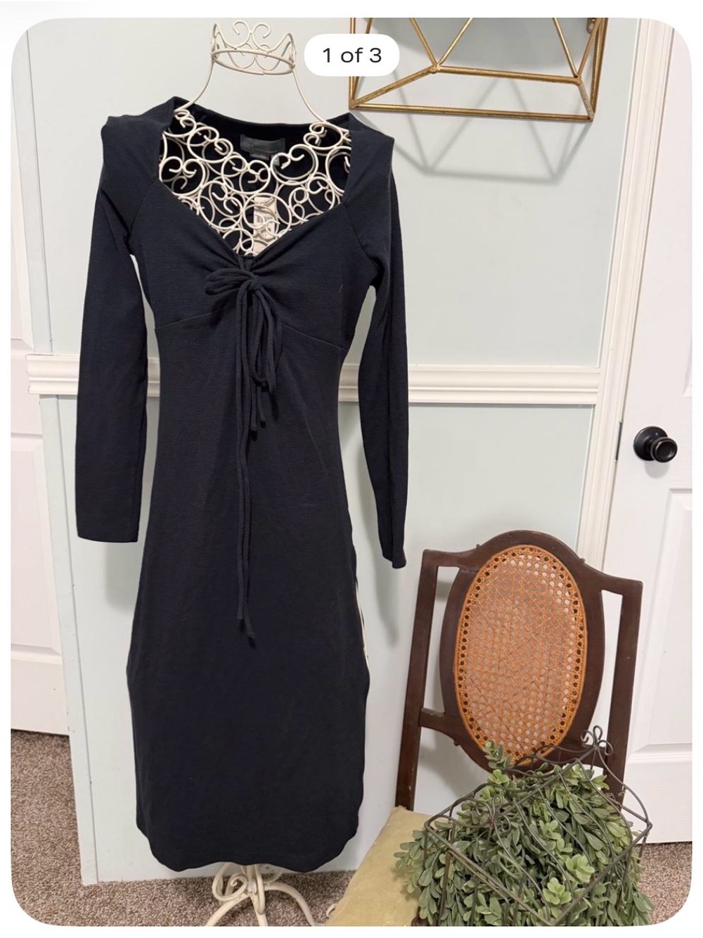 Anthropologie Black Long-Sleeve Tie-Front Midi Dress